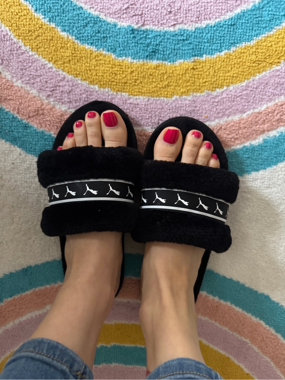 Puma Black Fuzzy Logo Slide Slippers